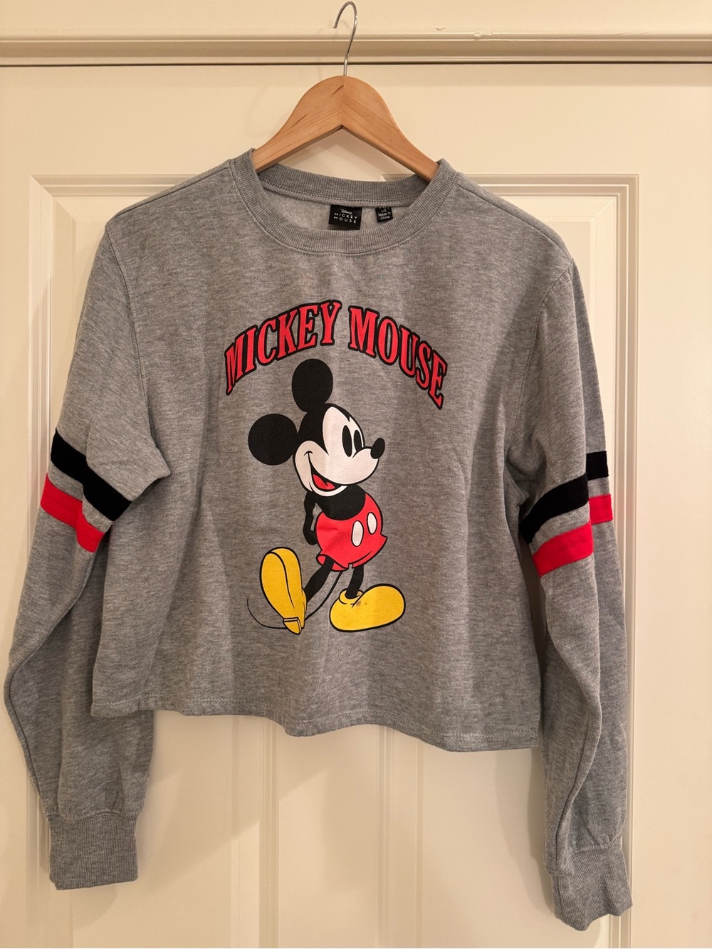 Disney Mickey Mouse Gray Varsity Stripe Cropped Long Sleeve Top Large